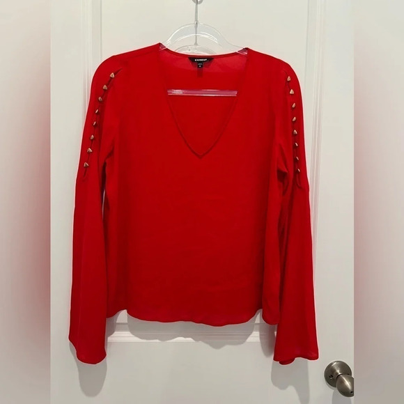 Express Tops - Gently worn Express red long-sleeve blouse with cut-out buttoned sleeves